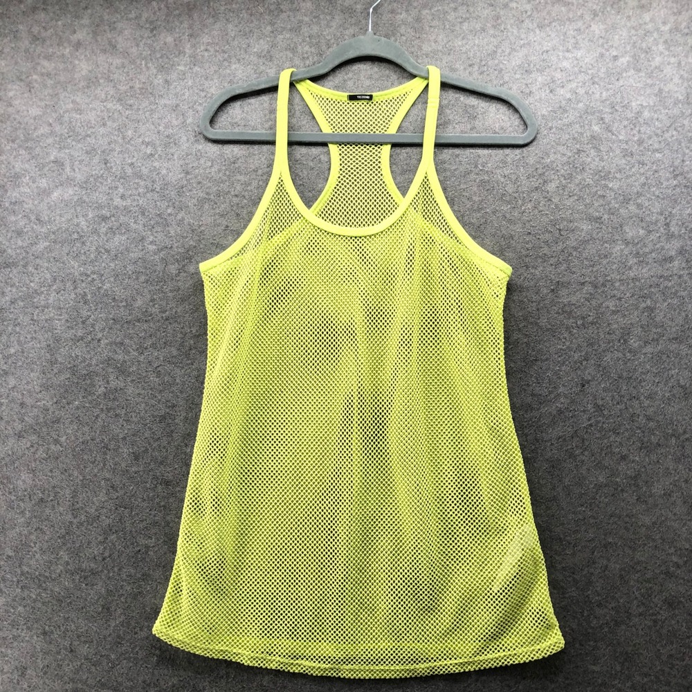 Tezenis Neon Yellow Fishnet Mesh Racerback Tank Top Womens L Rave Festival Y2K